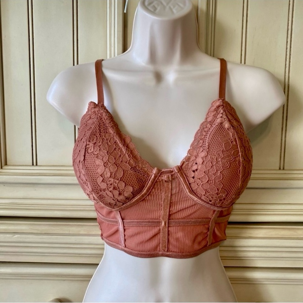 Bozzolo Corset Bodice Style Mauve Lace Bra Bralette Top with Padded Cups  S